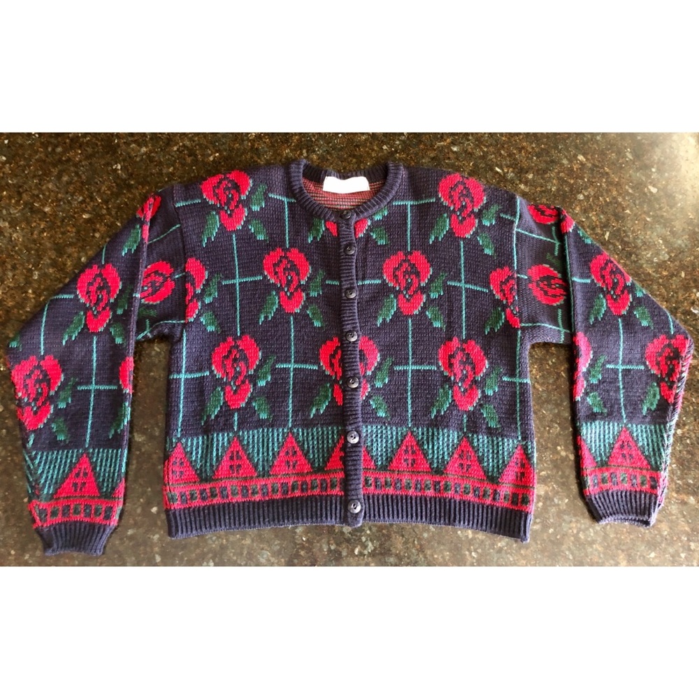Vintage St. Michael Rose Pattern Button Cardigan